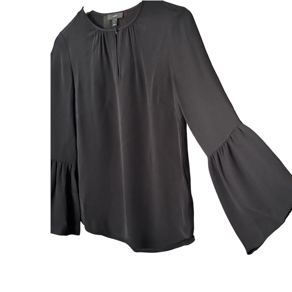 J.Crew 100% Silk Bell Sleeve Blouse Black Keyhole Career Size 0 - Picture 6 of 11